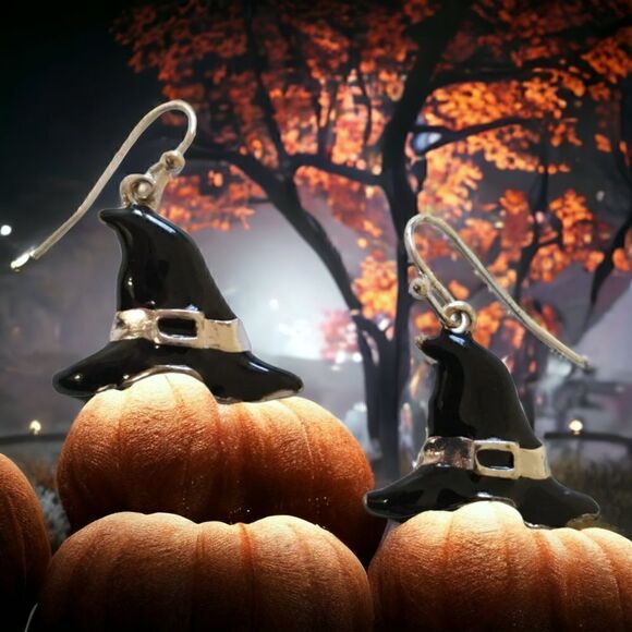Halloween Earrings Dangle Silver Tone Black Enameled Witch Hat Witchy Witchcore. - Picture 12 of 16